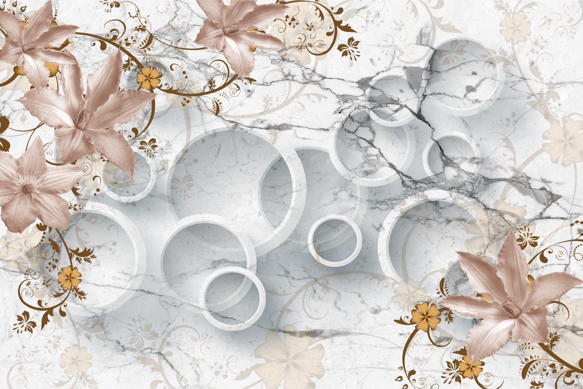 Photomural Marble And Flowers Abstraction