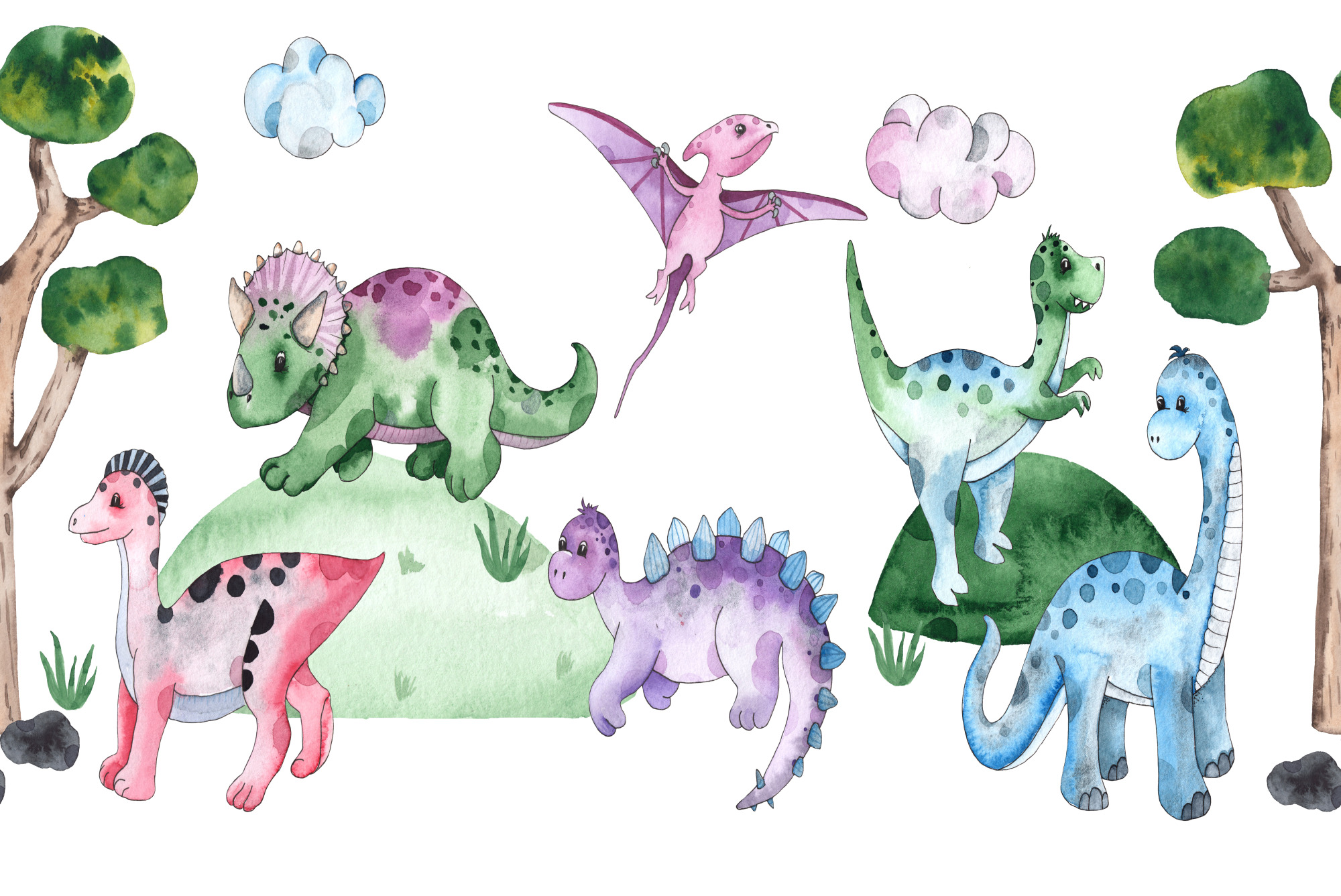 Photomural Pastel Dinosaurs In A Glade