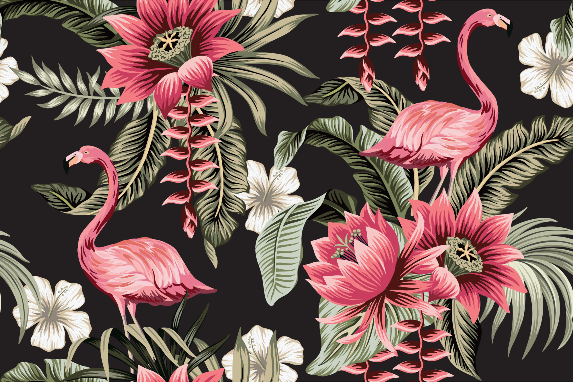 Photomural Tropical Flowers And Flamingos Vintage