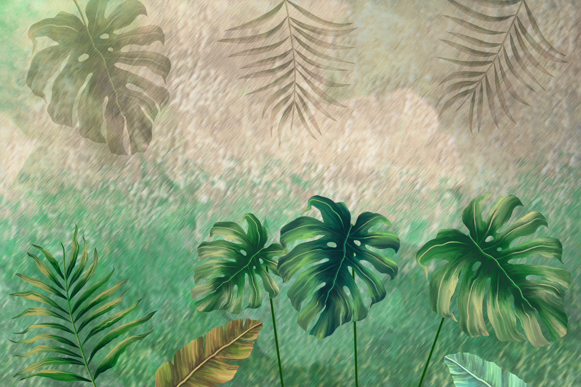 Photomural Tropical Plants On An Abstract Background