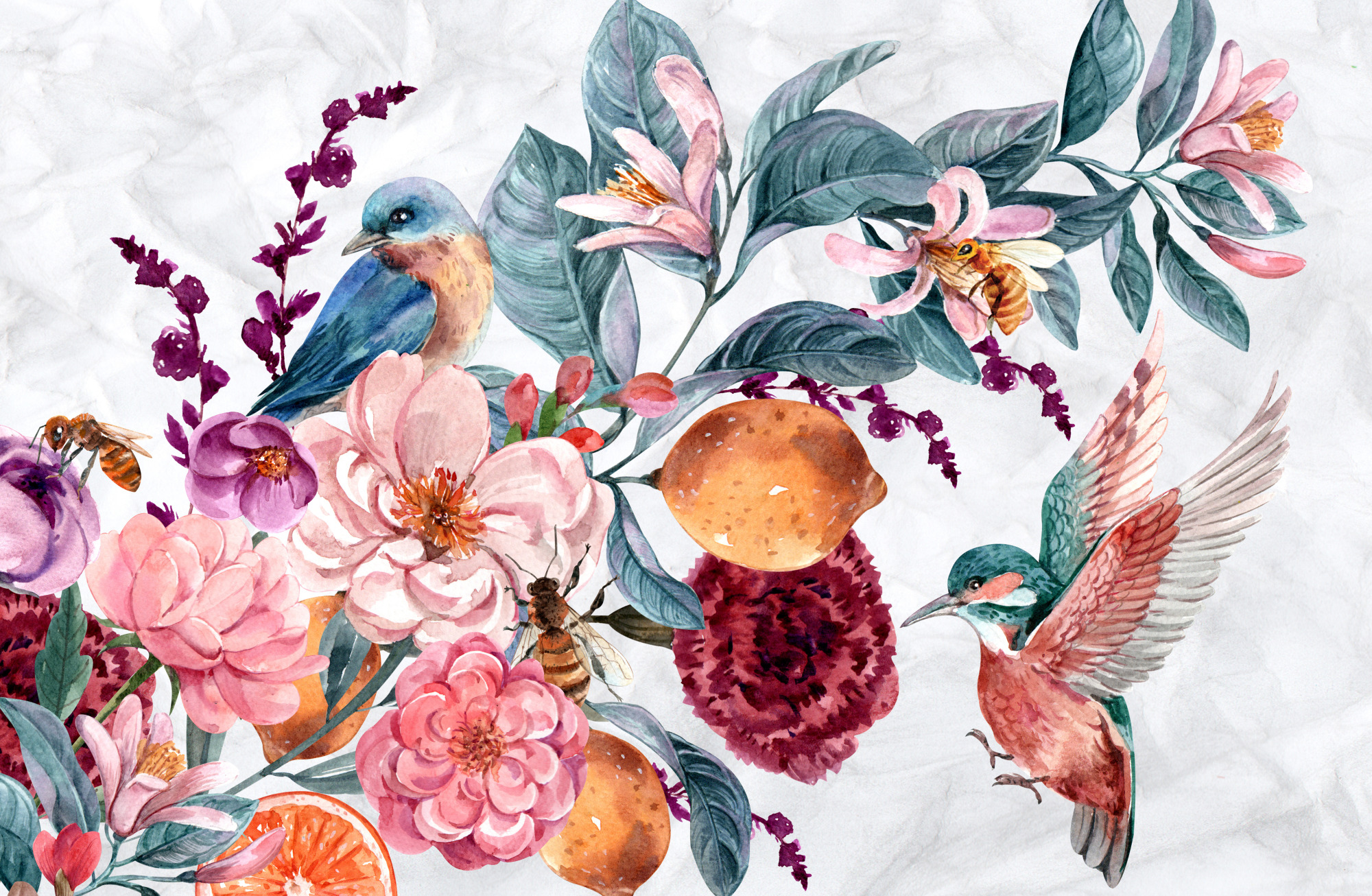 Photomural Watercolor Bird Among Colorful Flowers