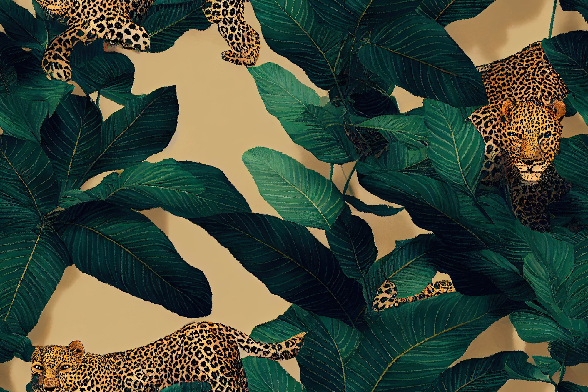 Photomural Seamless Tropical Pattern With Exotic Trees, Leopards, And Palm Leaves. Abstract Jungle Pattern With Leopards, Digital