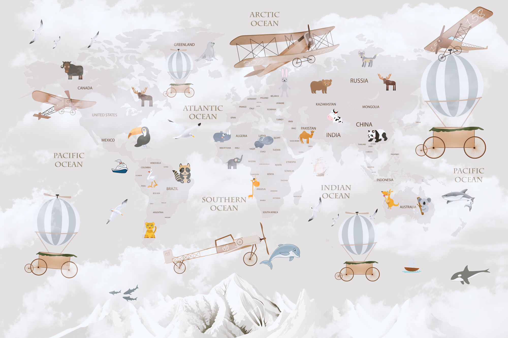 Photomural Animals World Map For Kids Wallpaper Design