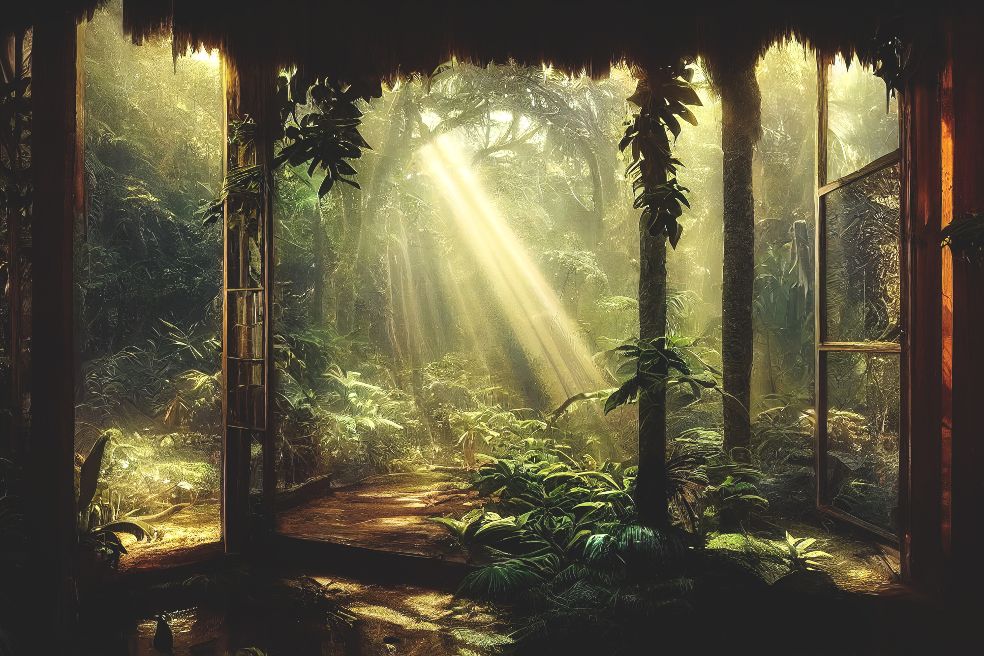 Photomural A Large Arch-Shaped Window, A Portal In The Dark Mystical Forest, The Sun's Rays Pass Through The Window And Trees, Shadows. Fantasy Beautiful Forest Fantasy Landscape. 3D .