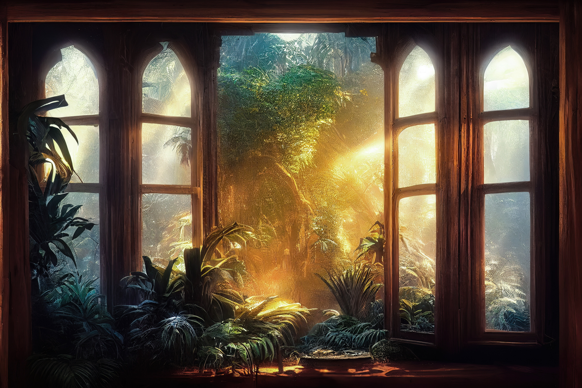 Photomural A Large Arch-Shaped Window, A Portal In The Dark Mystical Forest, The Sun's Rays Pass Through The Window And Trees, Shadows. Fantasy Beautiful Forest Fantasy Landscape. 3D .