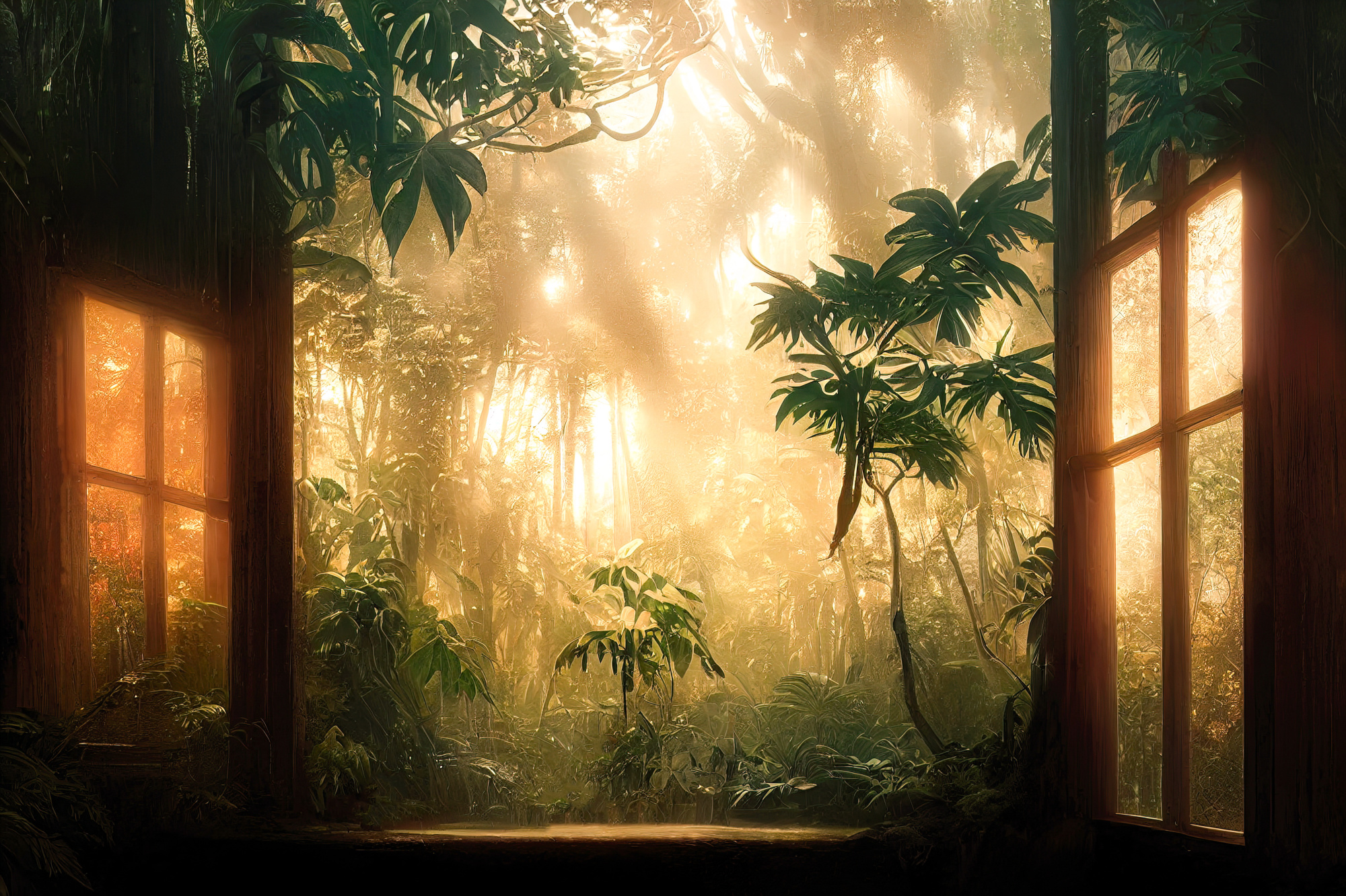 Photomural A Large Arch-Shaped Window, A Portal In The Dark Mystical Forest, The Sun's Rays Pass Through The Window And Trees, Shadows. Fantasy Beautiful Forest Fantasy Landscape. 3D .