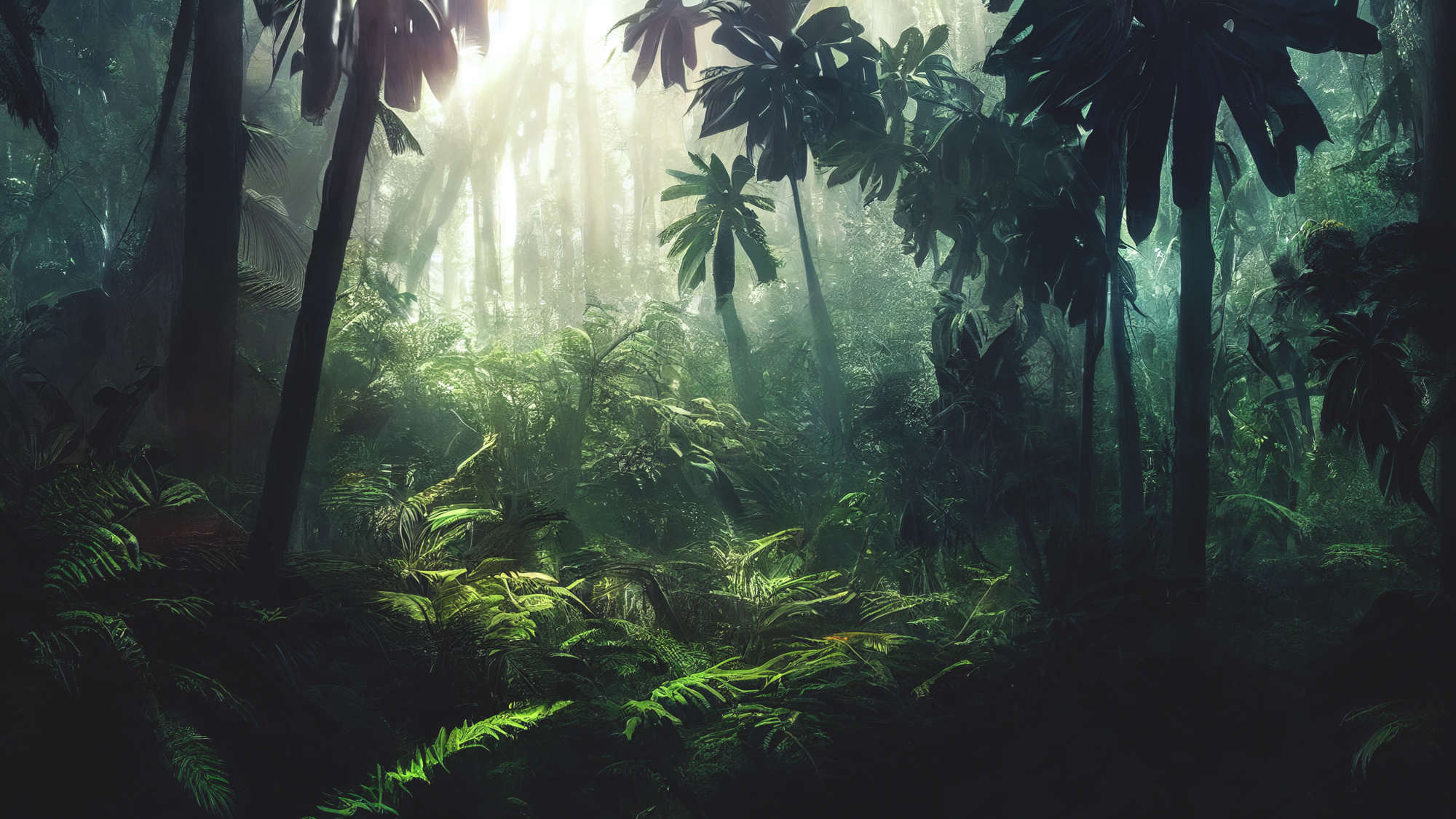 Photomural Dark Rainforest, Sun Rays Through The Trees, Rich Jungle Greenery. Atmospheric Fantasy Forest. 3D .