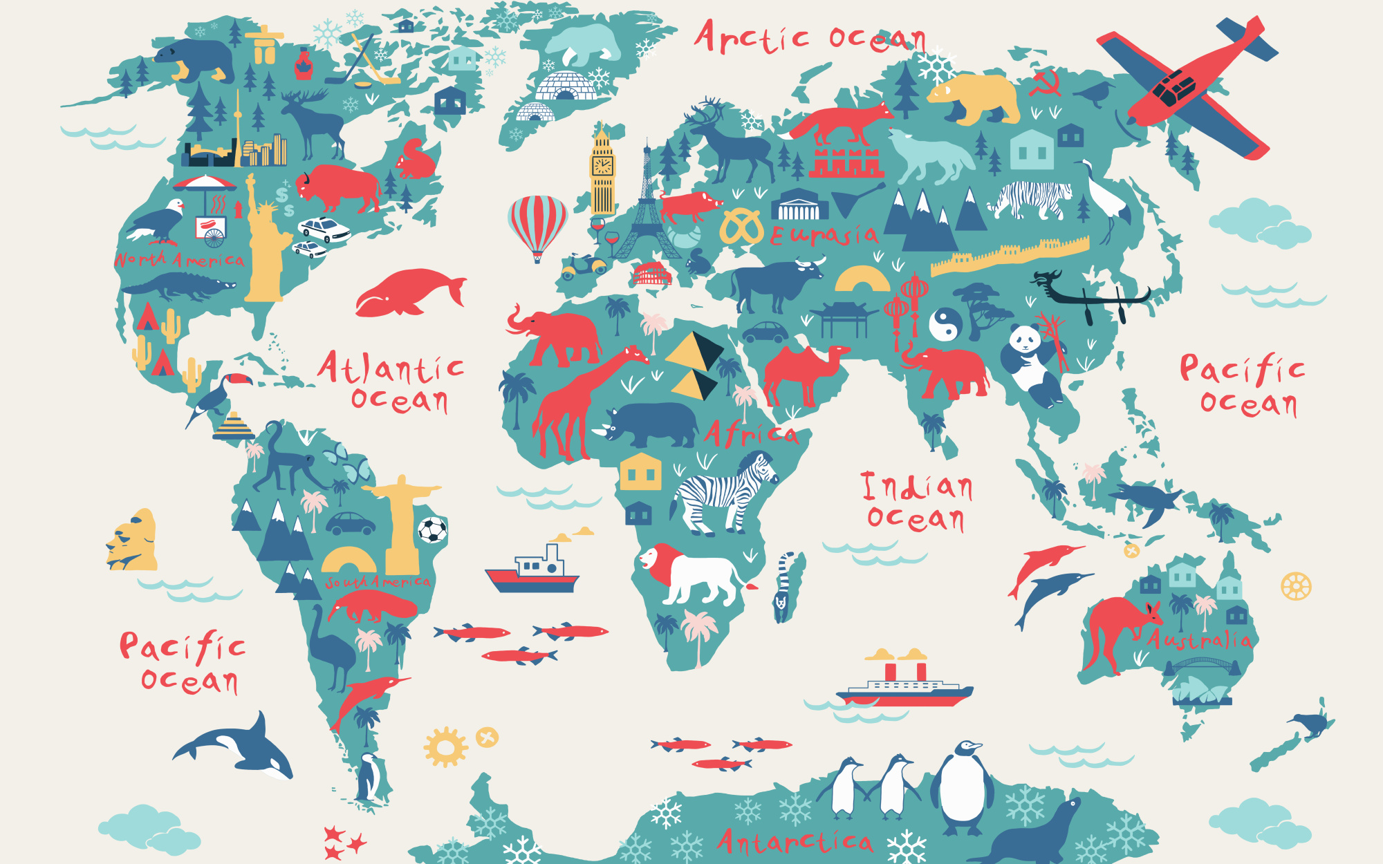 Photomural Map Of The World Wallpaper Design For Children's Room. Cute Design, Animals And Builds, Culture, Mural Art.