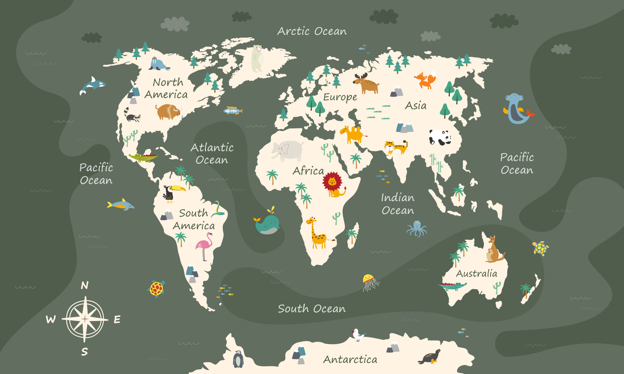 Photomural The World Map With Cartoon Animals For Kids, Nature, Discovery And Continent Name, Ocean Name. Children's Map Design For Wallpaper, Kids Room, Wall Art