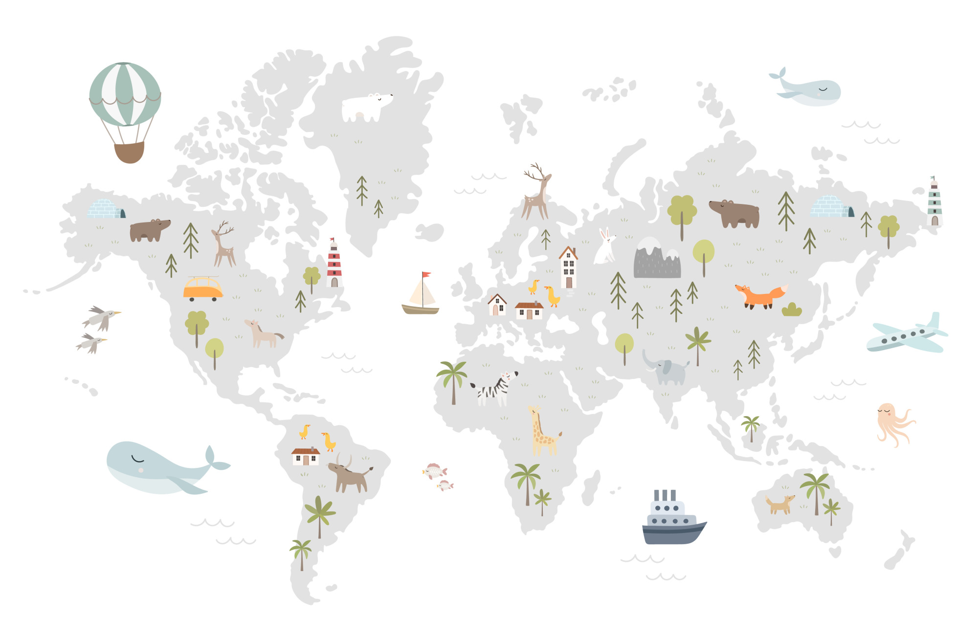 Photomural World Map With Cute Animals In Cartoon Style. Map For Nursery, Kids Room With Nature, Animals, Transports. Skandi