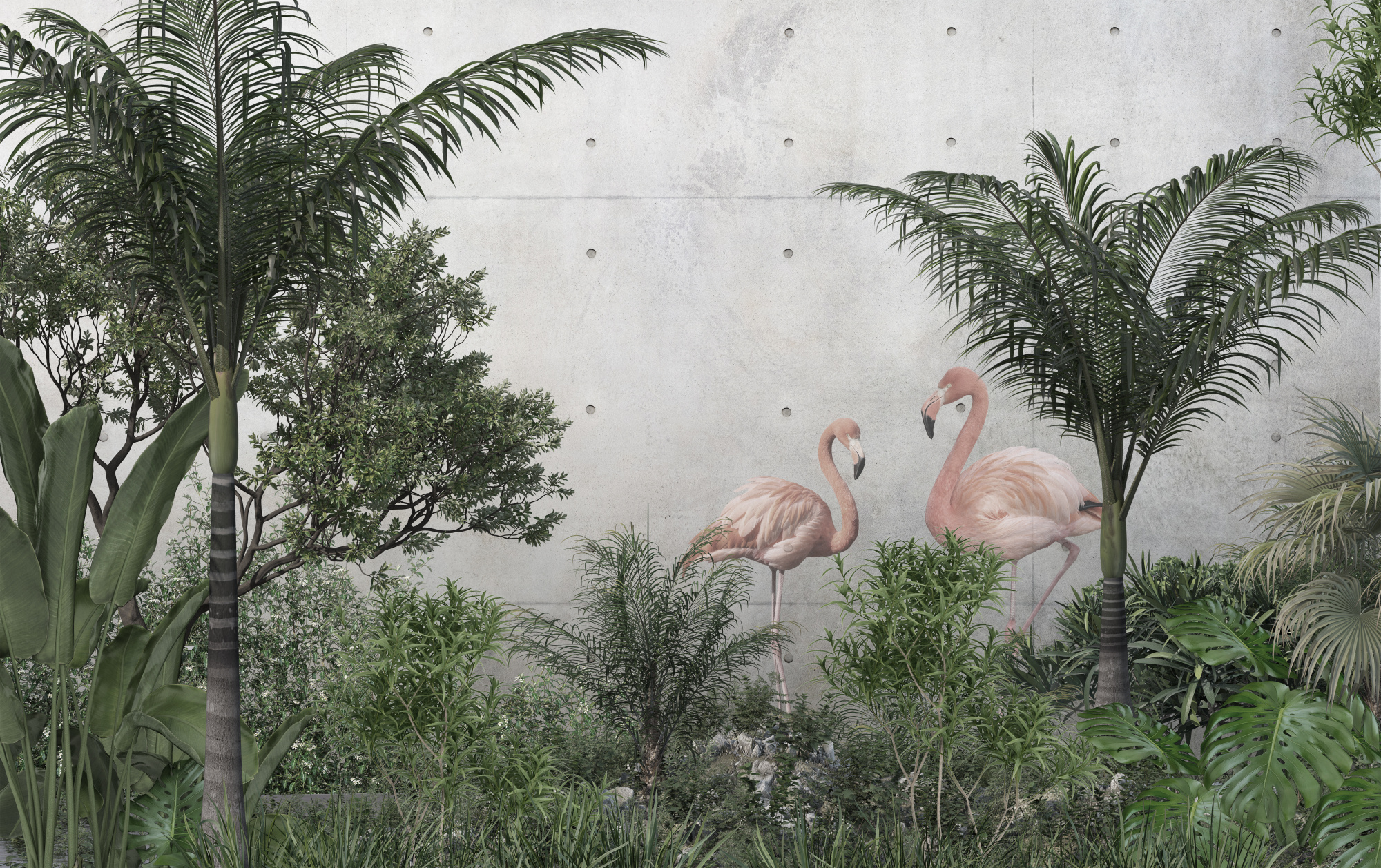 Photomural Tropical Tree Leaves And Two Pink Flamingos
