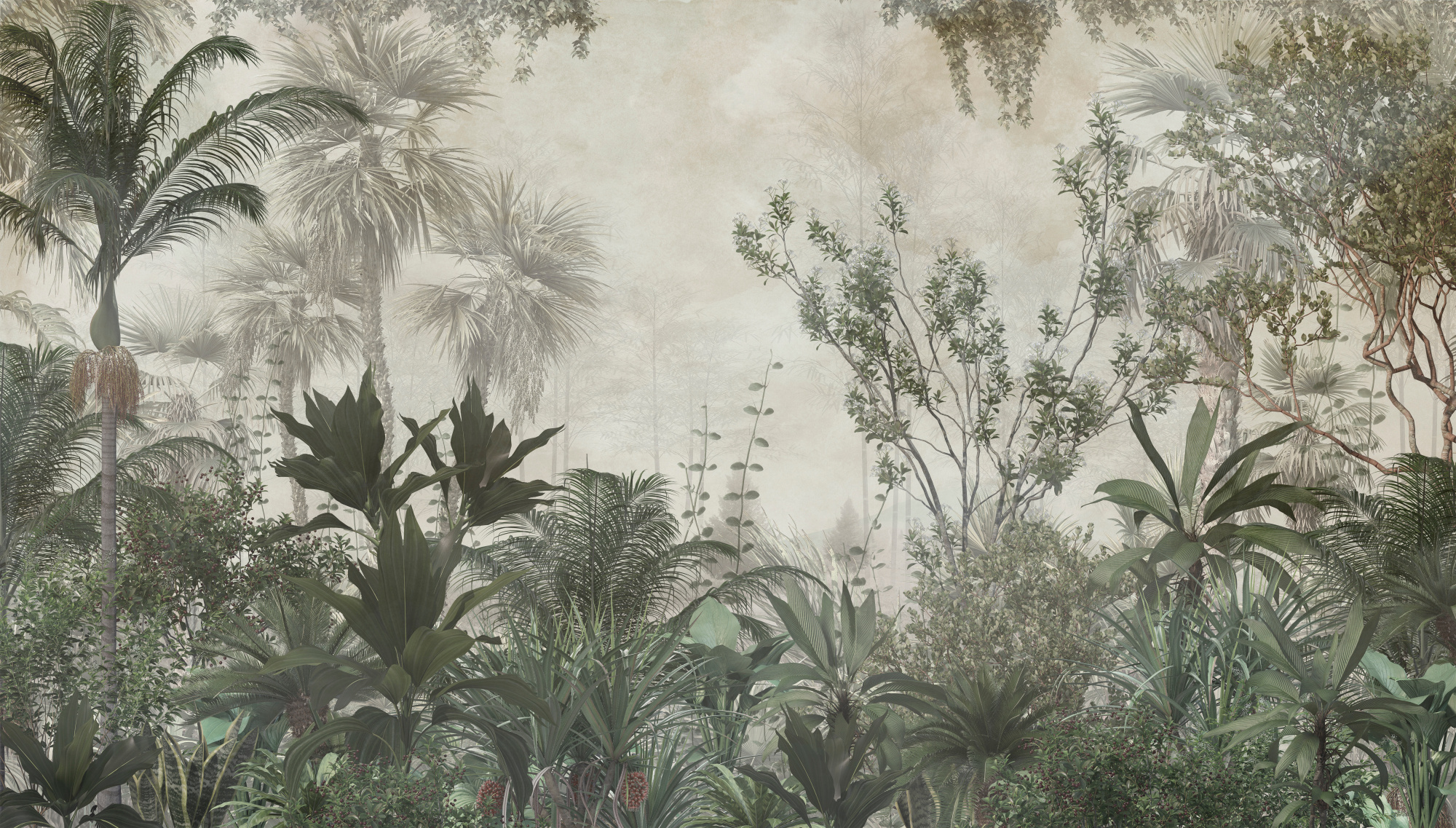 Photomural Tropical Trees And Leaves Wallpaper Design In Foggy Forest - 3D
