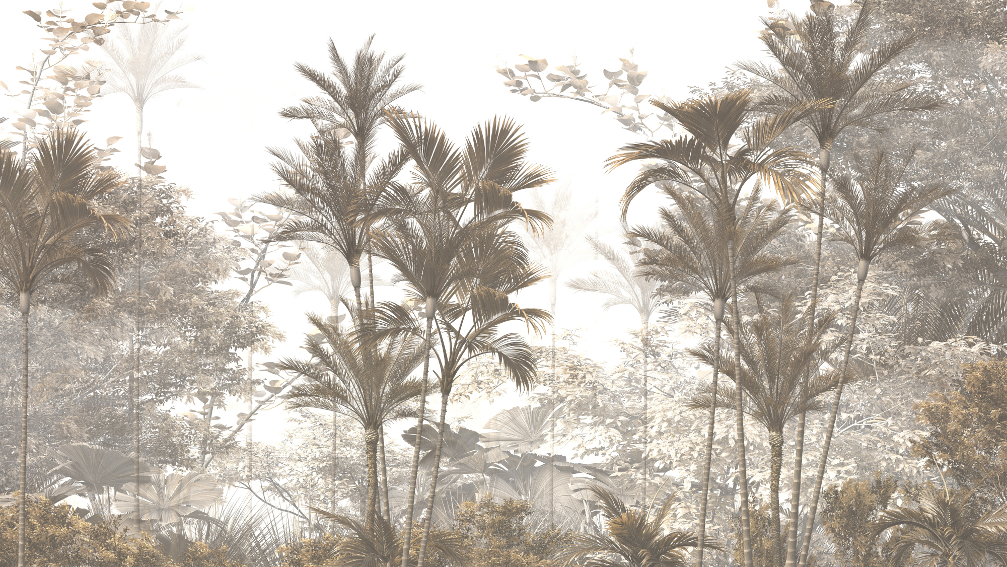 Photomural Tropical Trees And Leaves Wallpaper Design In Foggy Forest - 3D