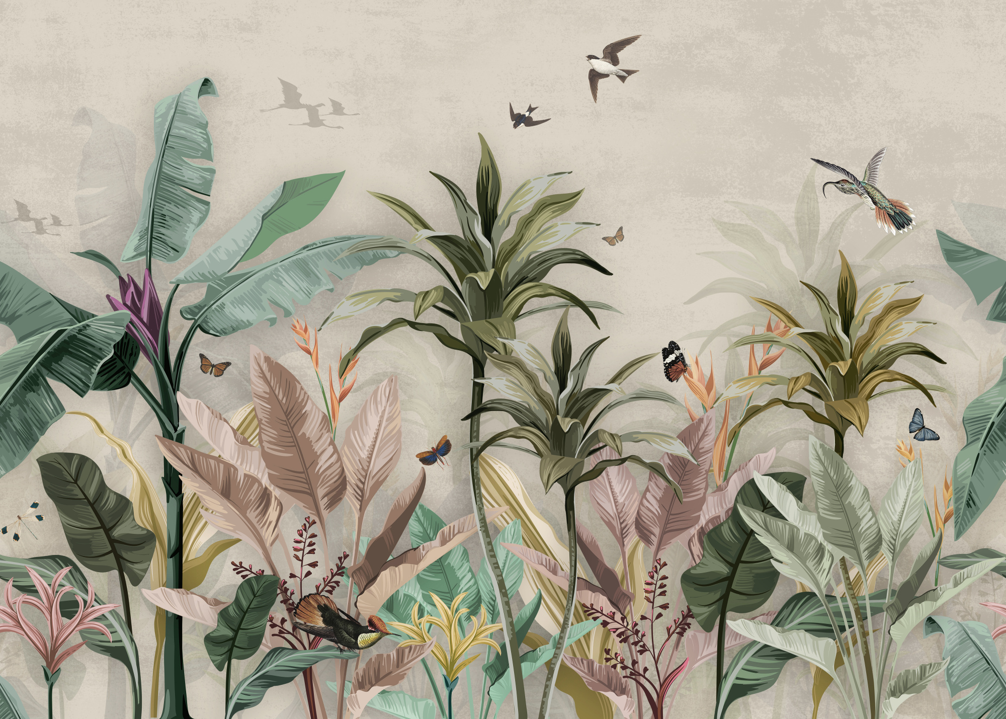 Photomural Wallpaper Palm Tropical Forest Vintage Jungle Pattern With Birds