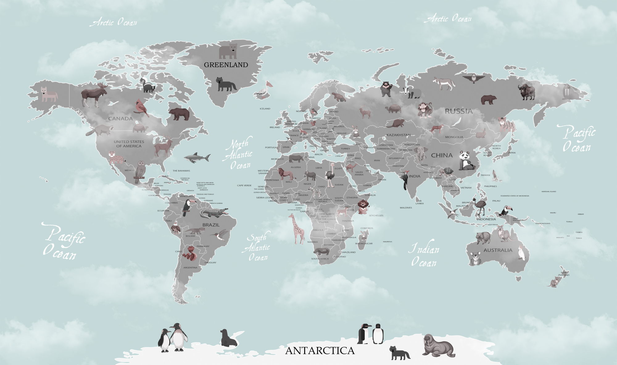 Photomural Animals World Map For Kids Wallpaper Design