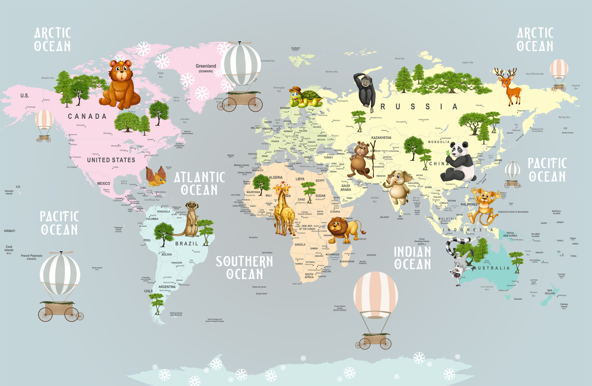Photomural Animals World Map For Kids Wallpaper Design