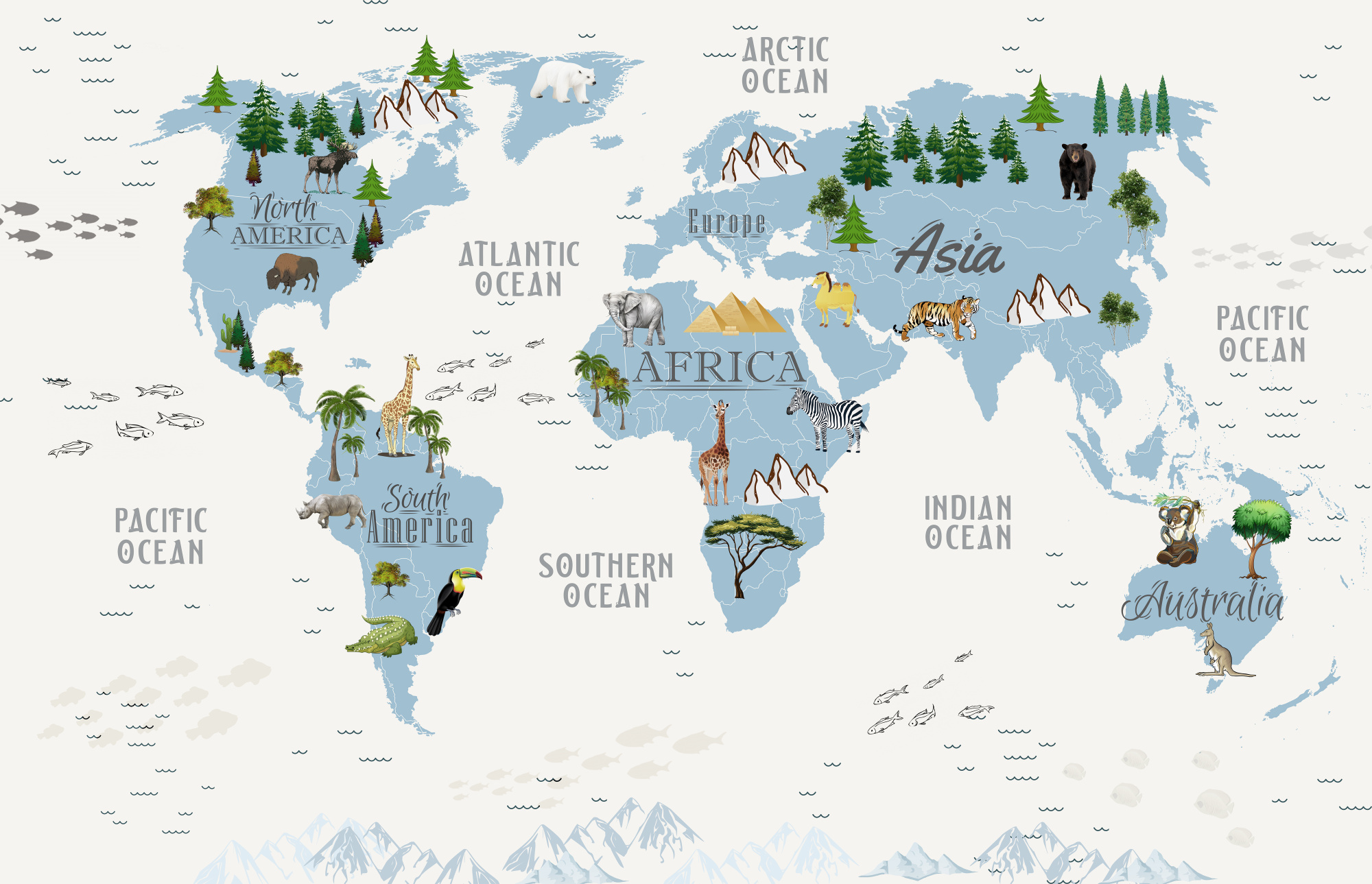 Photomural Animals World Map For Kids Wallpaper Design