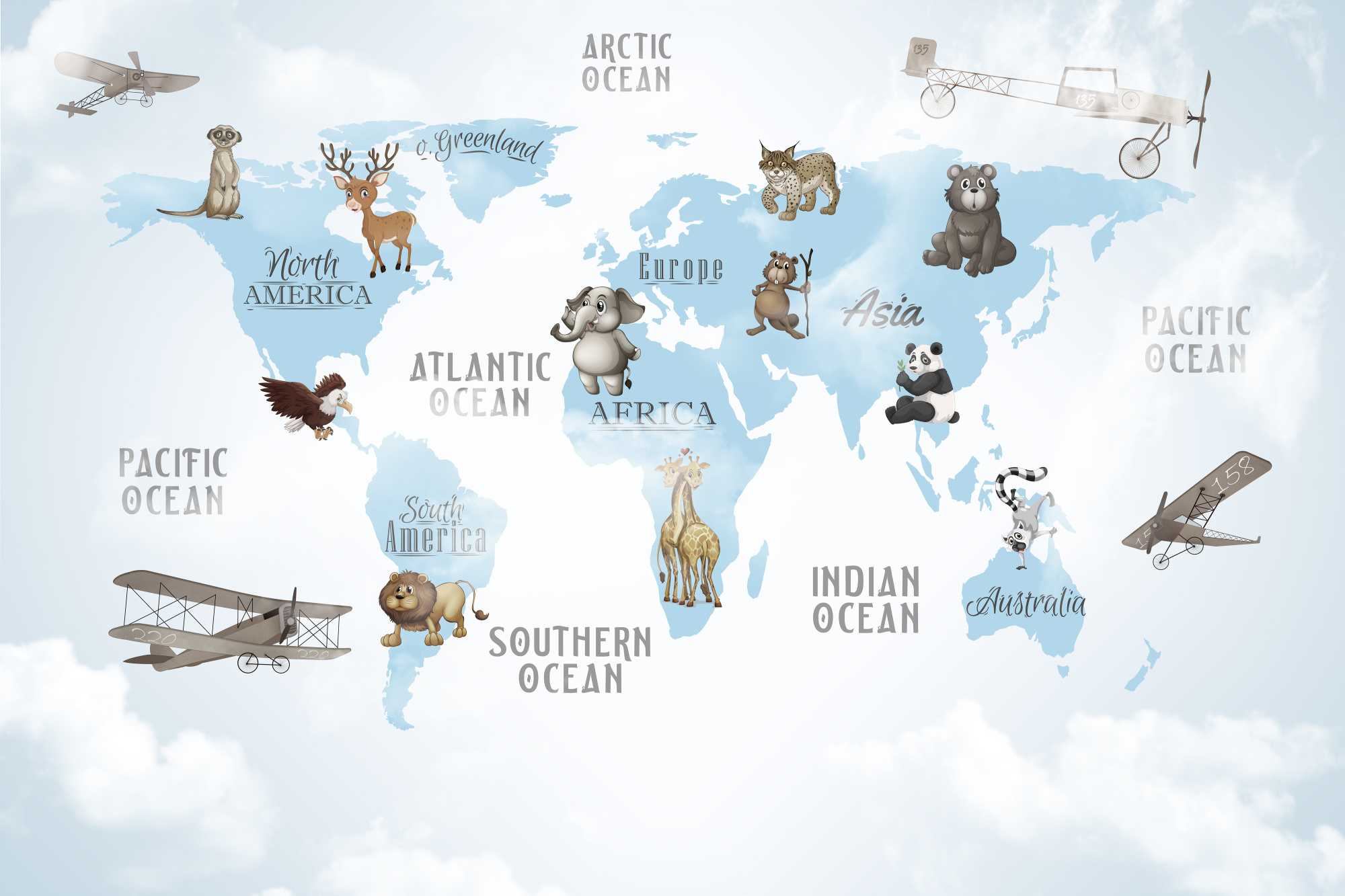 Photomural Animals World Map For Kids Wallpaper Design