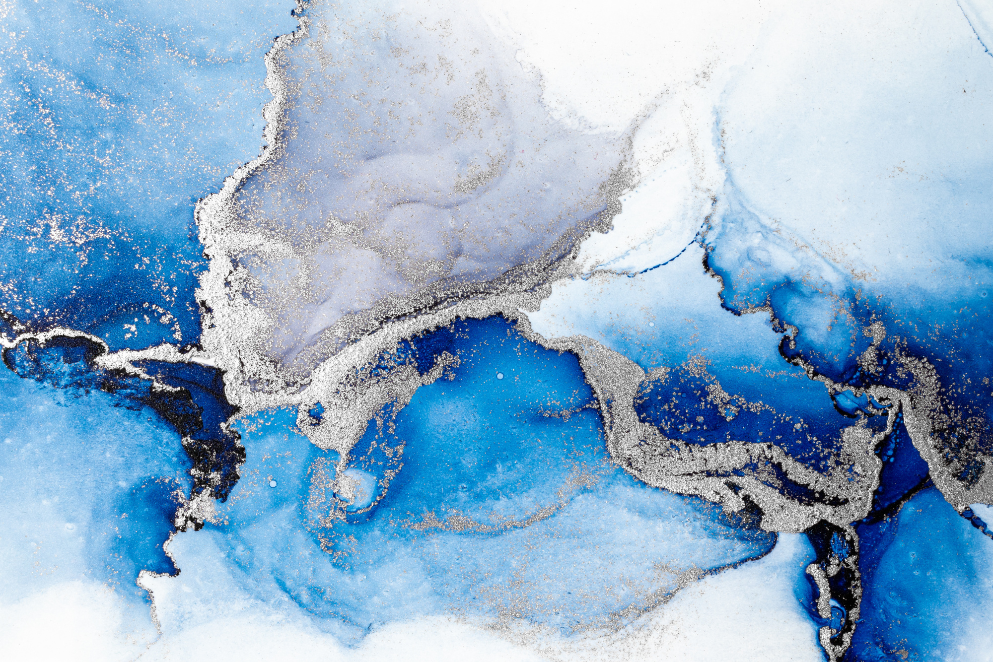 Photomural Blue Silver Abstract Background Of Marble Liquid Ink Art Painting On Paper . Image Of Original Artwork Watercolor Alcohol Ink Paint On High Quality Paper Texture .