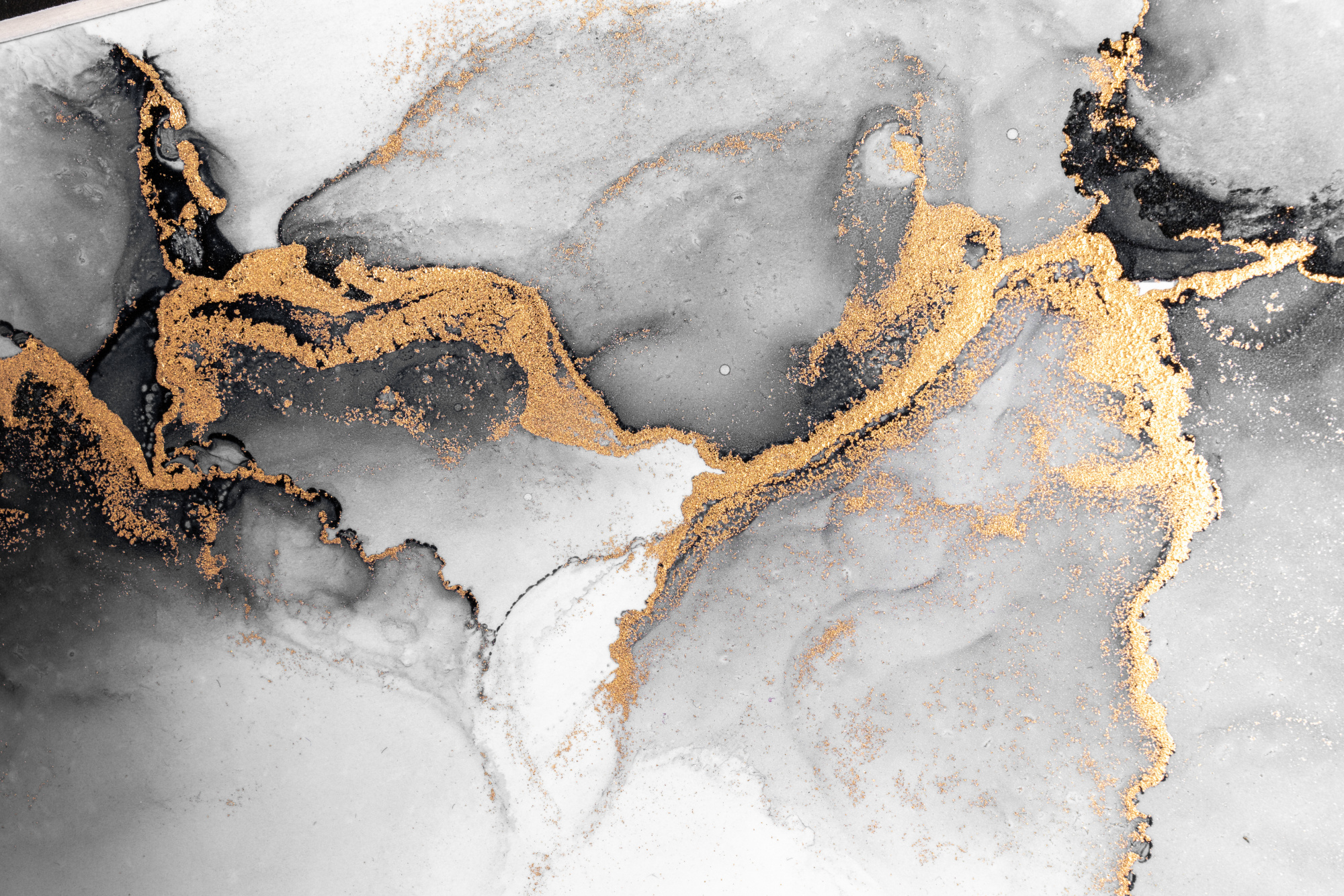 Photomural Black Gold Abstract Background Of Marble Liquid Ink Art Painting On Paper . Image Of Original Artwork Watercolor Alcohol Ink Paint On High Quality Paper Texture .