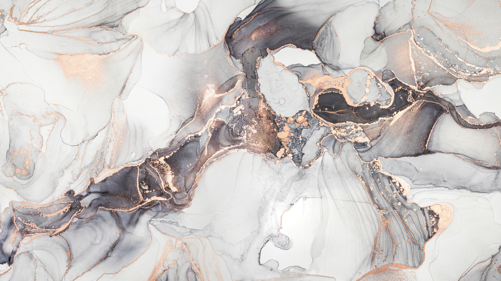 Photomural Luxury Abstract Fluid Art Painting In Alcohol Ink Technique, Mixture Of Black, Gray And Gold Paints. Imitation Of Marble Stone Cut, Glowing Golden Veins. Tender And Dreamy Design.