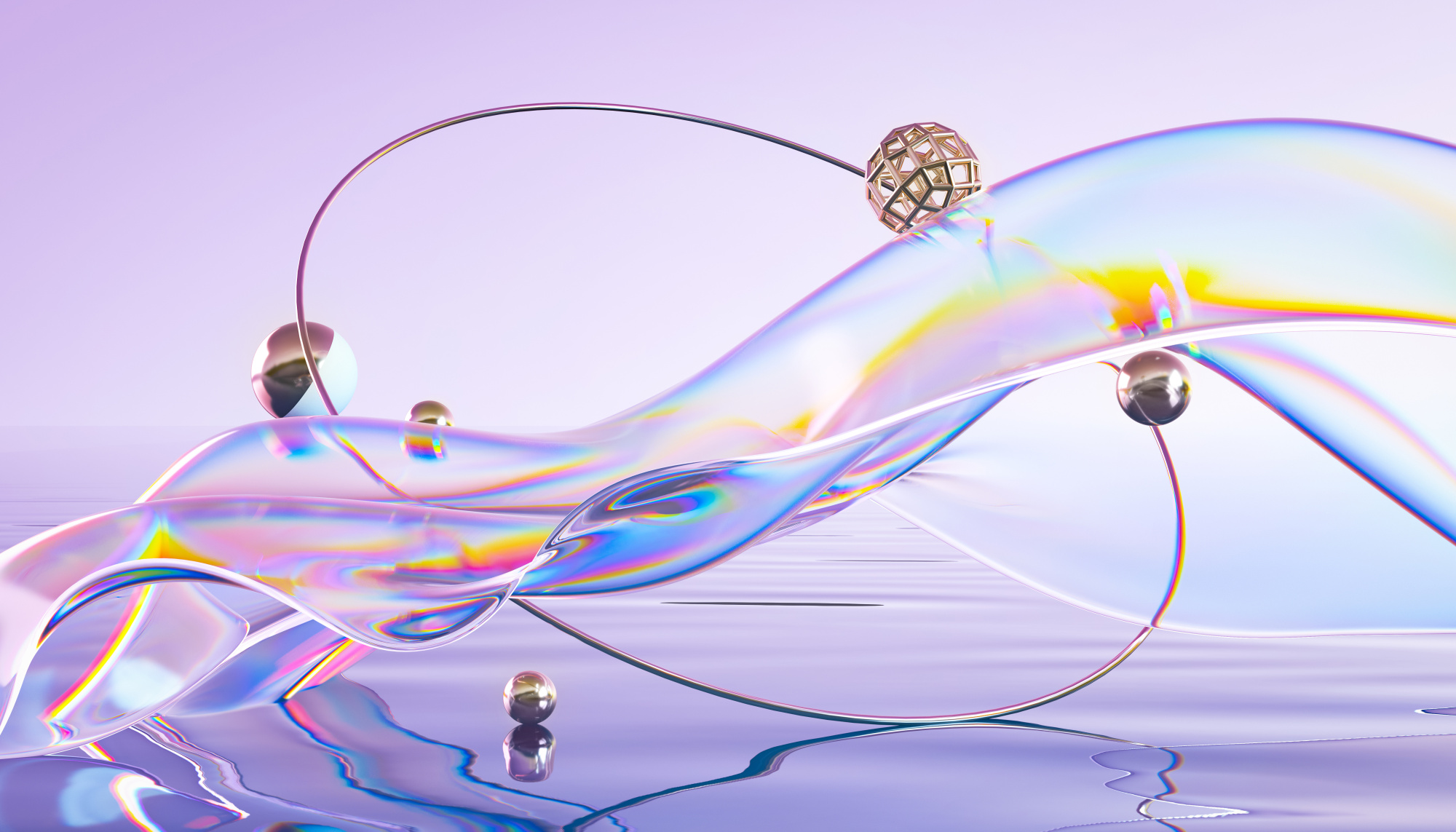 Photomural Abstract 3D Render. Glass Ribbon On Water With Geometric Circle And Spheres. Holographic Shape In Motion. Iridescent Digital Art For Banner Background, Wallpaper. Transparent Glossy Design Element.