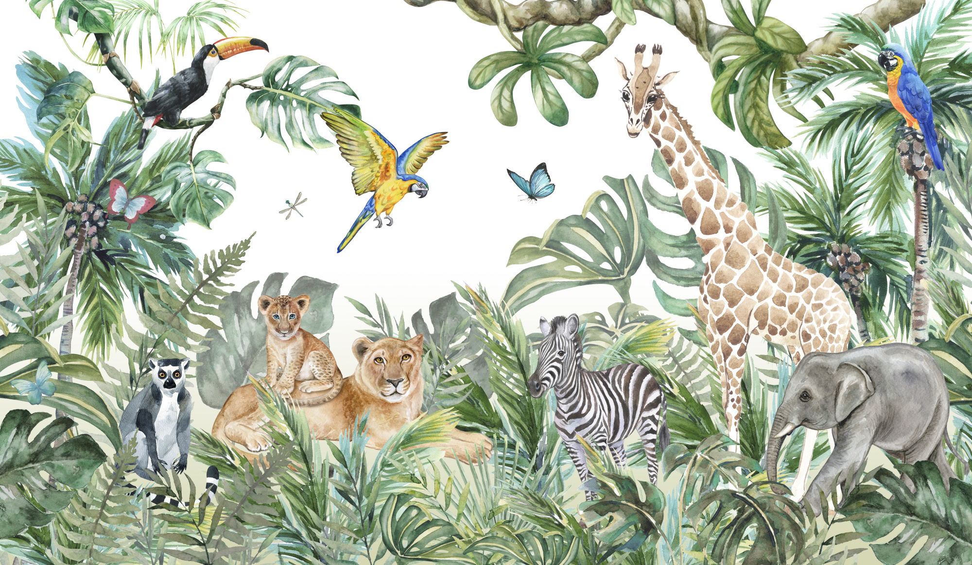 Photomural Children's Wallpaper, Watercolor Jungle And Animals. Lions, Giraffe, Elephant, Parrots, Zebra, Lemur