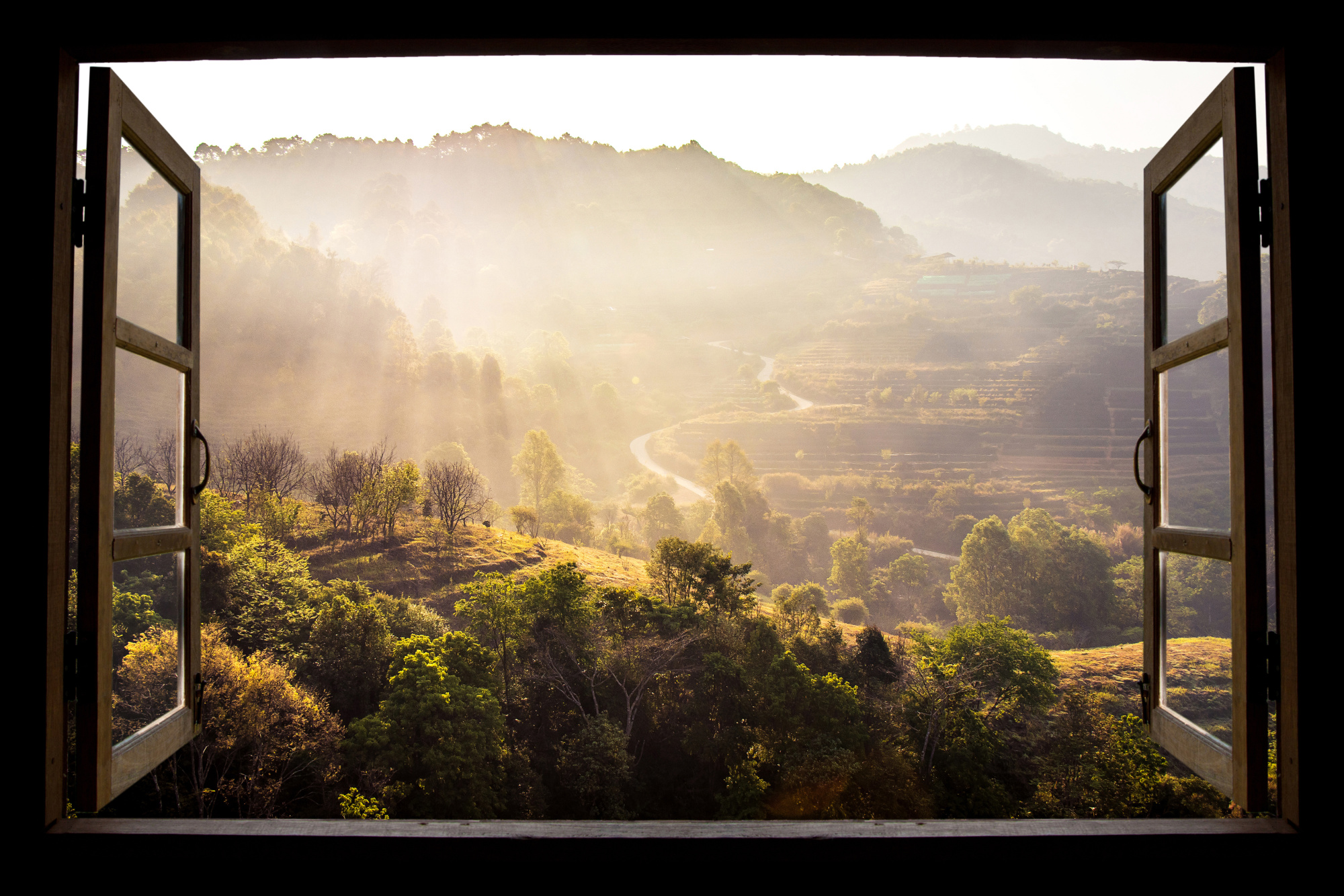 Photomural Landscape Nature View Background. View From Window At A Wonderful Landscape Nature View With Rice Terraces And Space For Your Text In Chiangmai, Thailand , Indochina