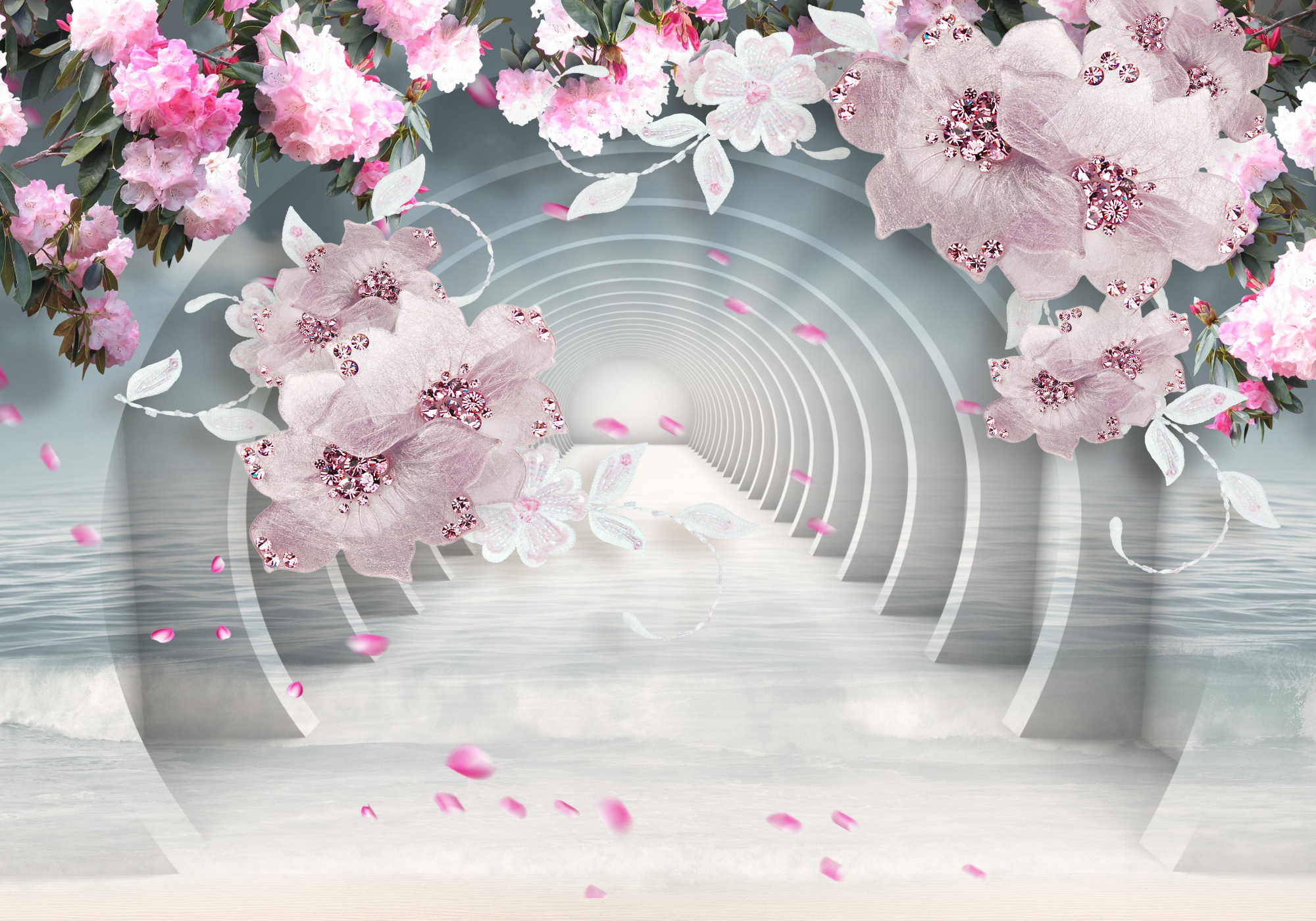 Photomural 3D Wallpaper Pink Jewelry Flowers