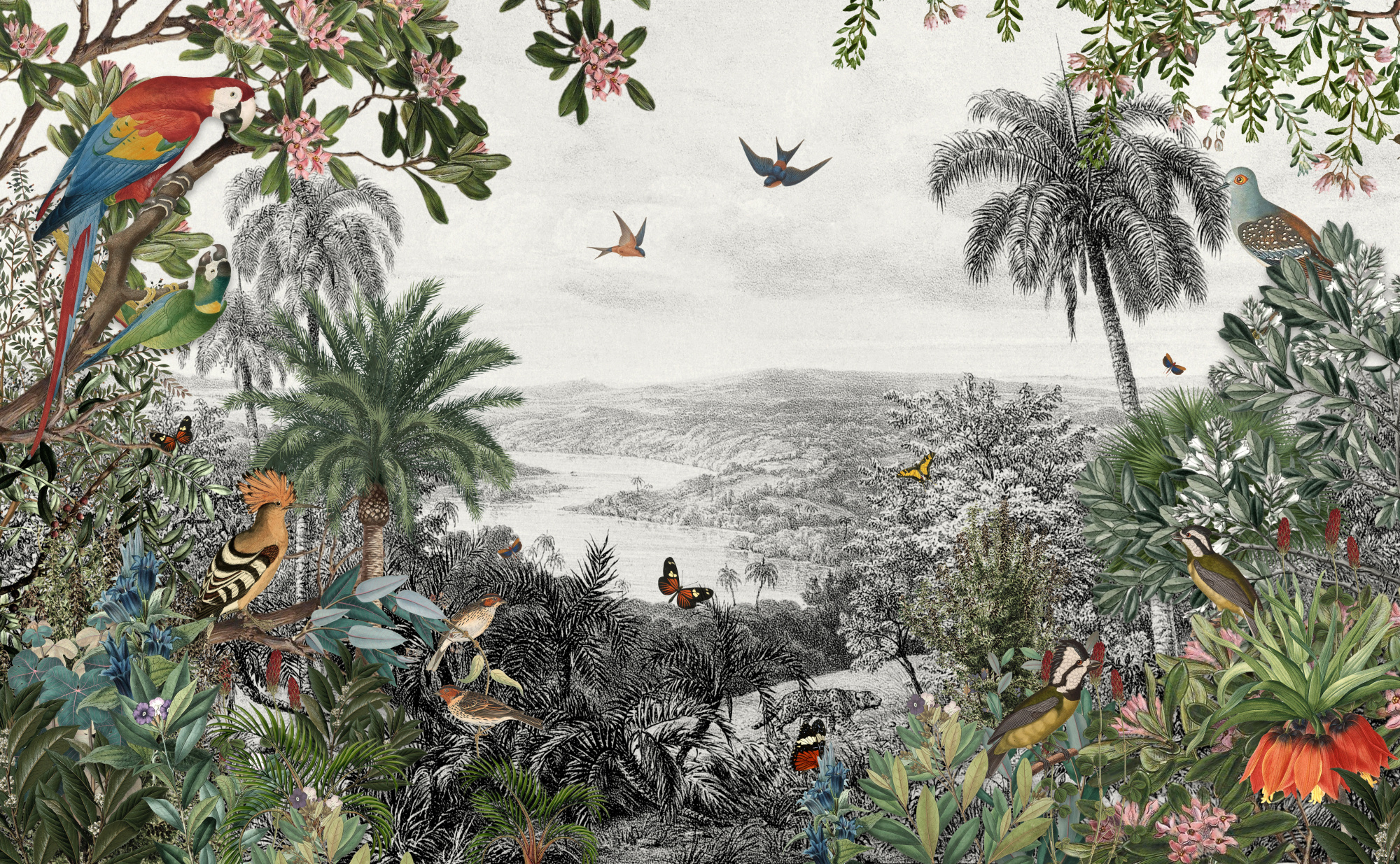 Photomural Tropical Jungle Palm Trees, Birds And Parrot In The River Land With Flying Butterflies
