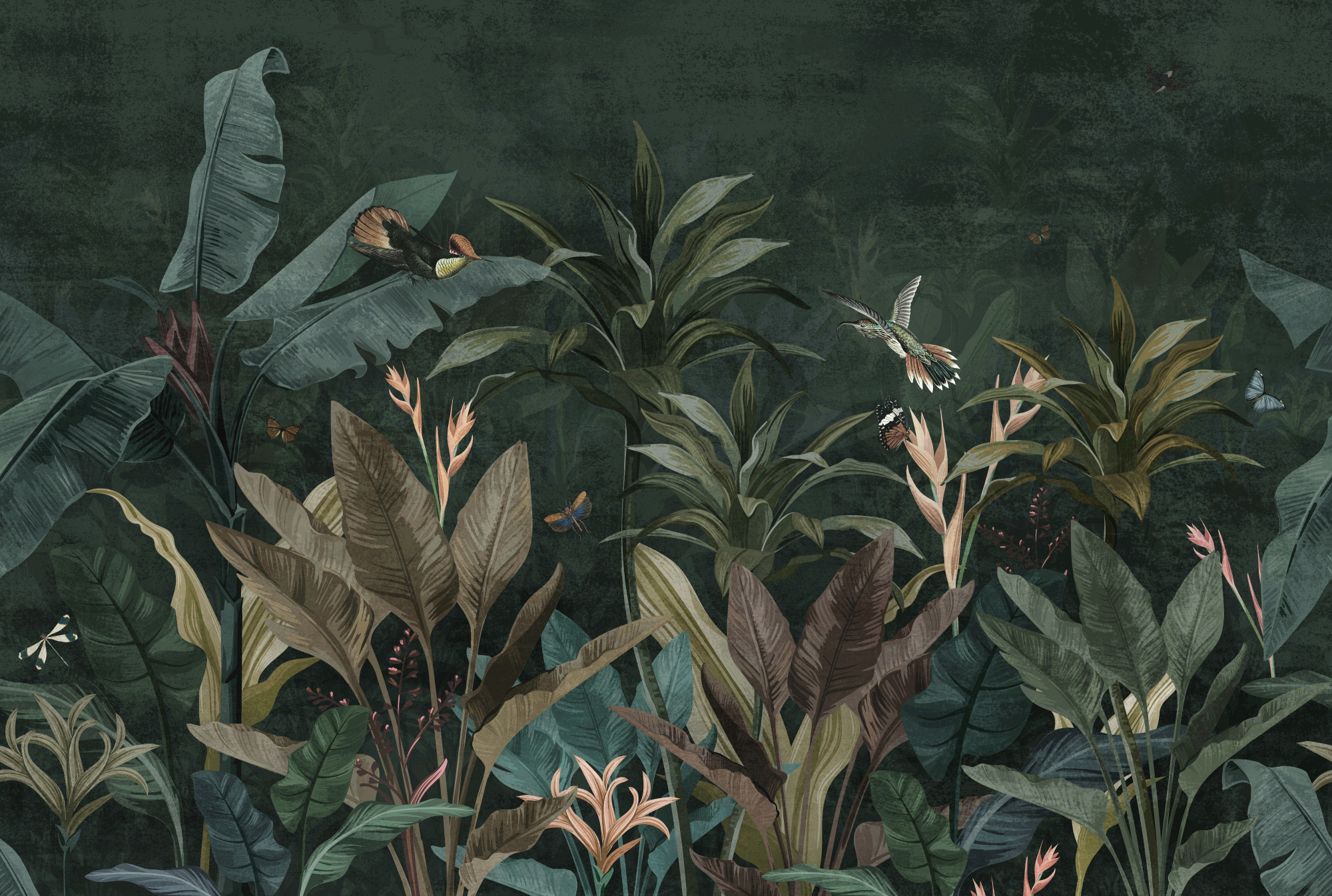 Photomural Palm Tropical Forest Vintage Jungle Pattern With Birds Dark Mood