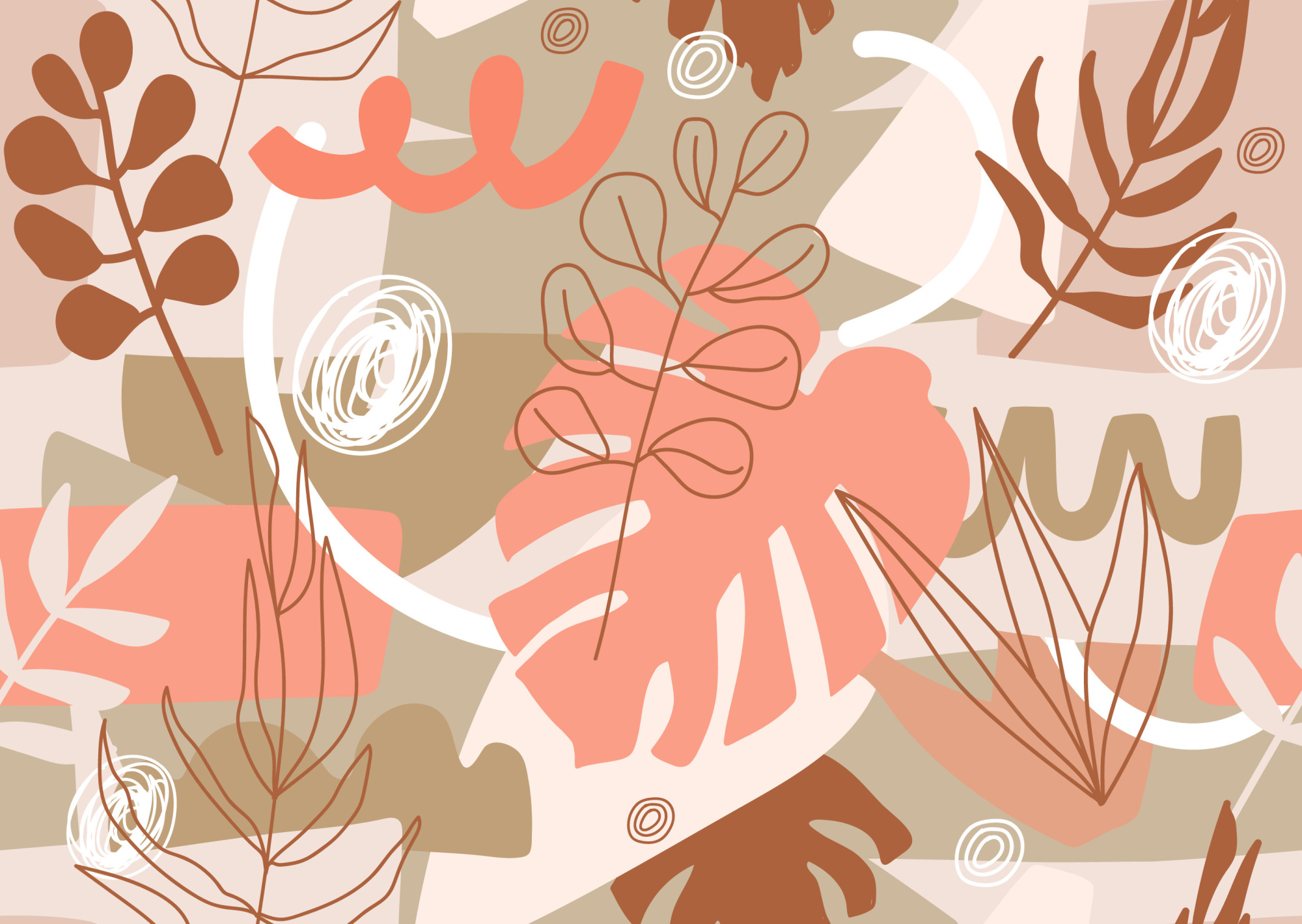 Photomural Contemporary Collage Seamless Pattern. Terracotta Abstract Shapes, Tropical Leaves And Continuous Line Of Leaf. Texture For Textile, Packaging, Wrapping Paper, Social Media Post Etc. .