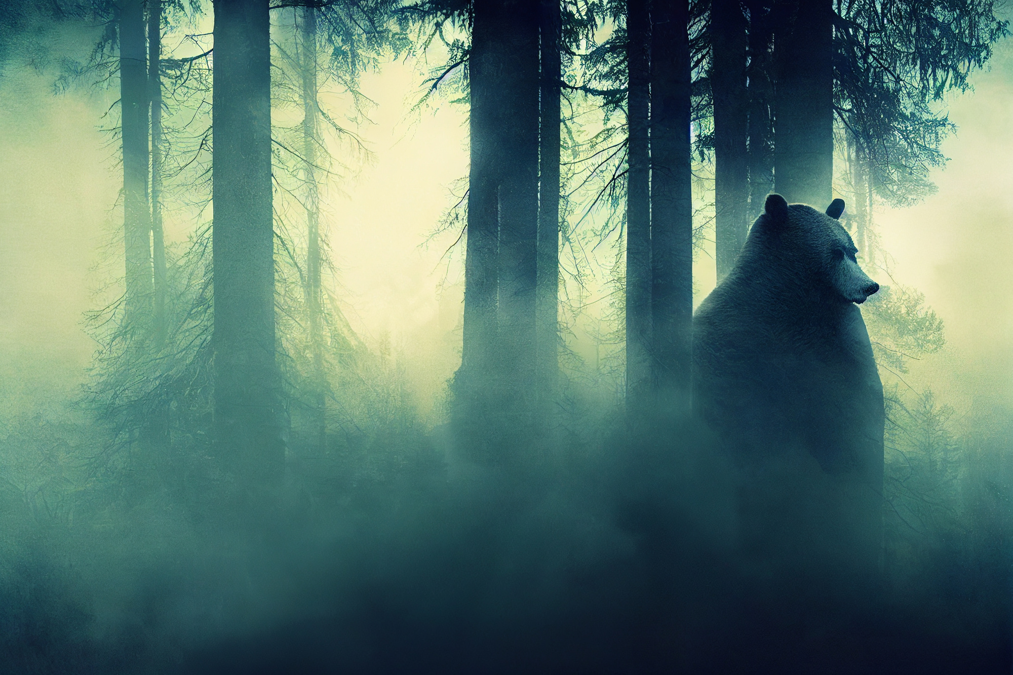 Photomural A Bear In A Foggy Dark Forest