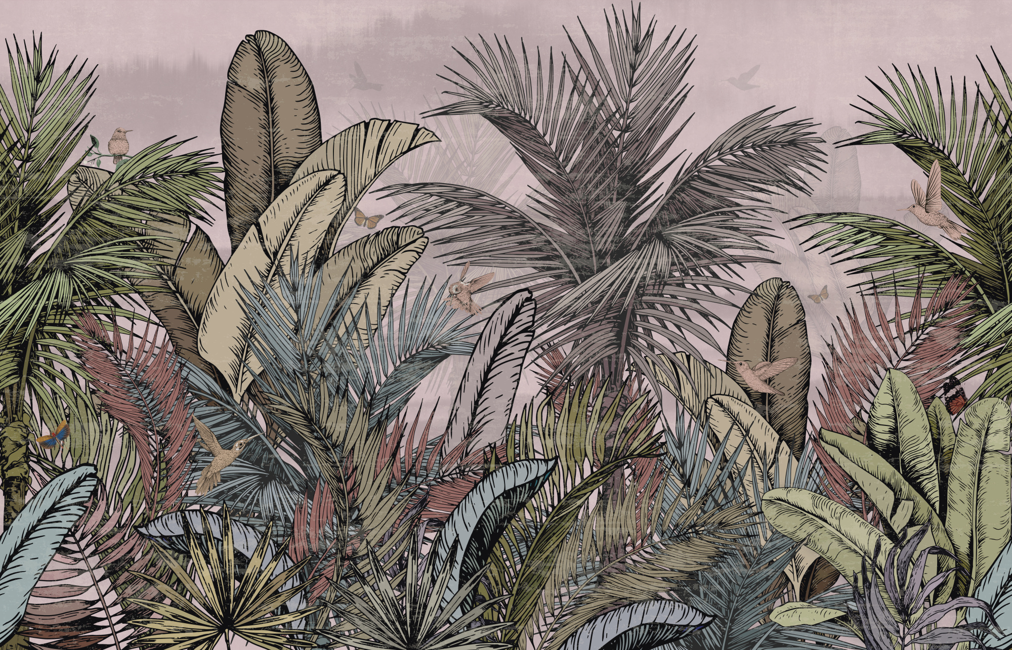 Photomural Pattern Wallpaper Jungle Tropical Drawings Of Palms Trees And Birds Of Different Colors With Birds And Pink Background
