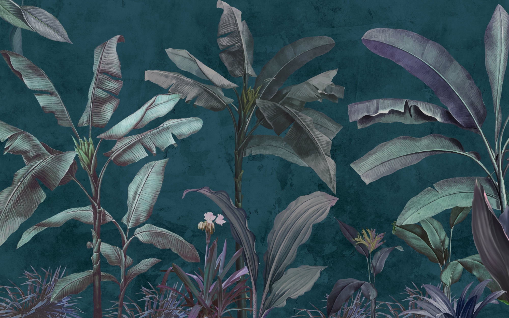 Photomural Tropical Trees Wallpaper Design, Banana Trees And Plants, Dark Background, Pattern Design, Mural Art.