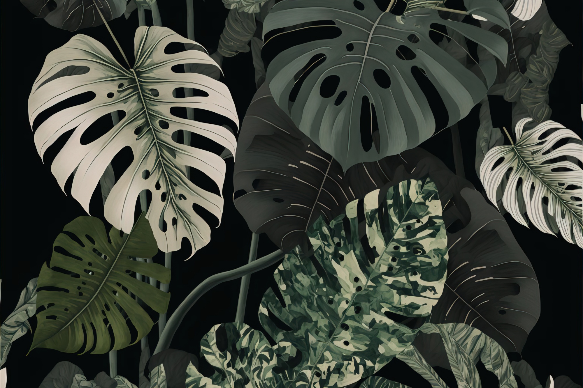 Photomural 4K Resolution Or Higher, Botanical Maximalism, High Contrast Leaves Pattern. Generative Ai Technology